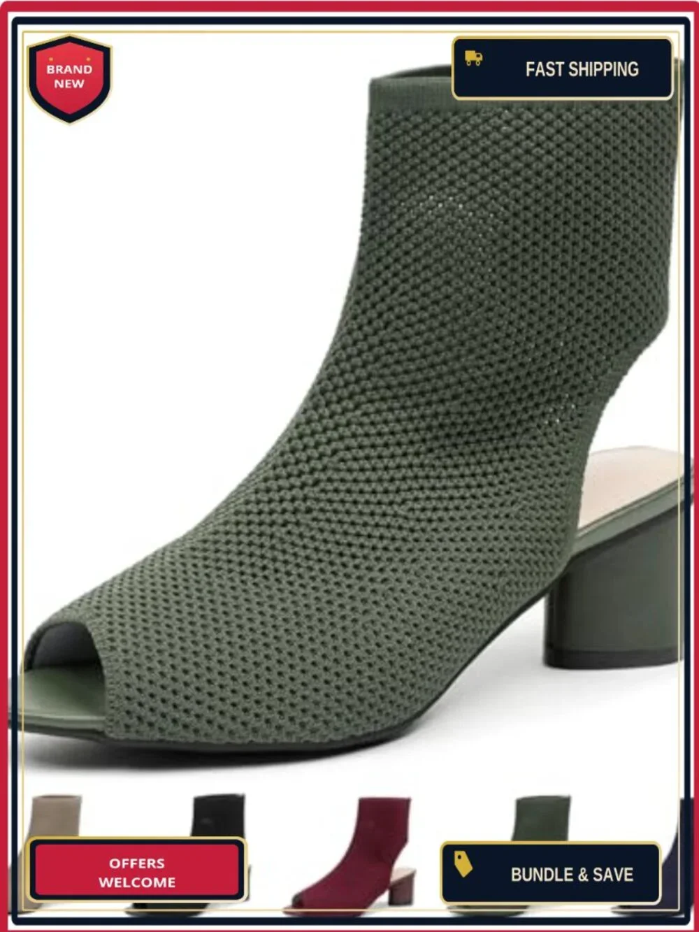 Women's Knit Peep Toe Slingback Chunky Heel Ankle Boots